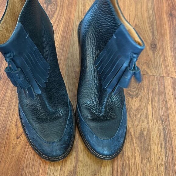 Madewell navy leather low boots booties with fringe chunky heel size 37 - Picture 2 of 7
